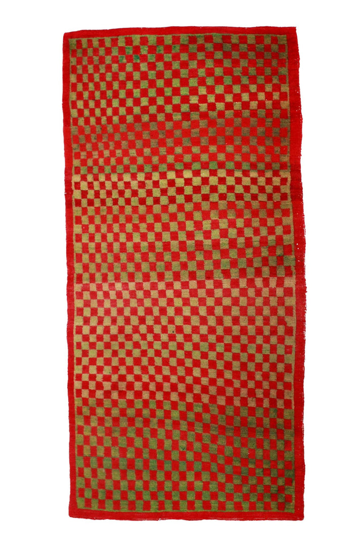 Hand-Knotted Tibetan Khaden Rug | Red &amp; Green Micro-Checkerboard Pattern | Front View