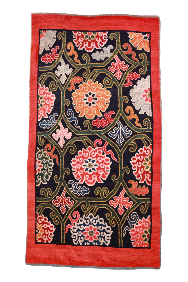 Hand-Knotted Tibetan Khaden Rug | Scrolling Vine Rosette | Front View