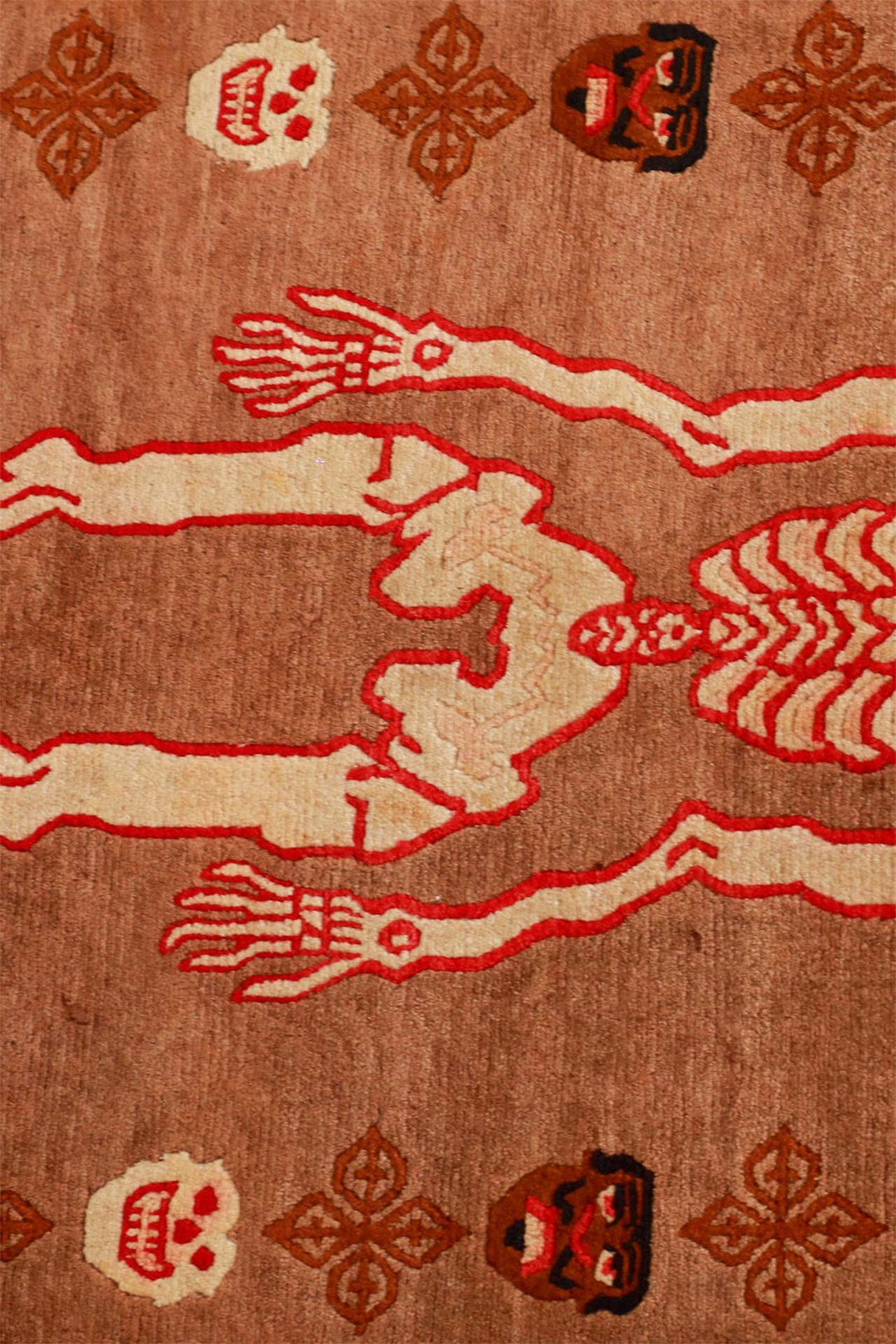 Hand-Knotted Tibetan Khaden Rug | Skeleton &amp; Mask Totems | Detail View