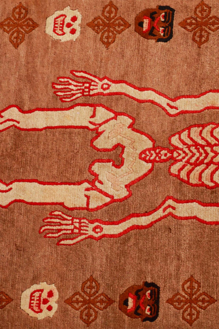 Hand-Knotted Tibetan Khaden Rug | Skeleton &amp; Mask Totems | Detail View