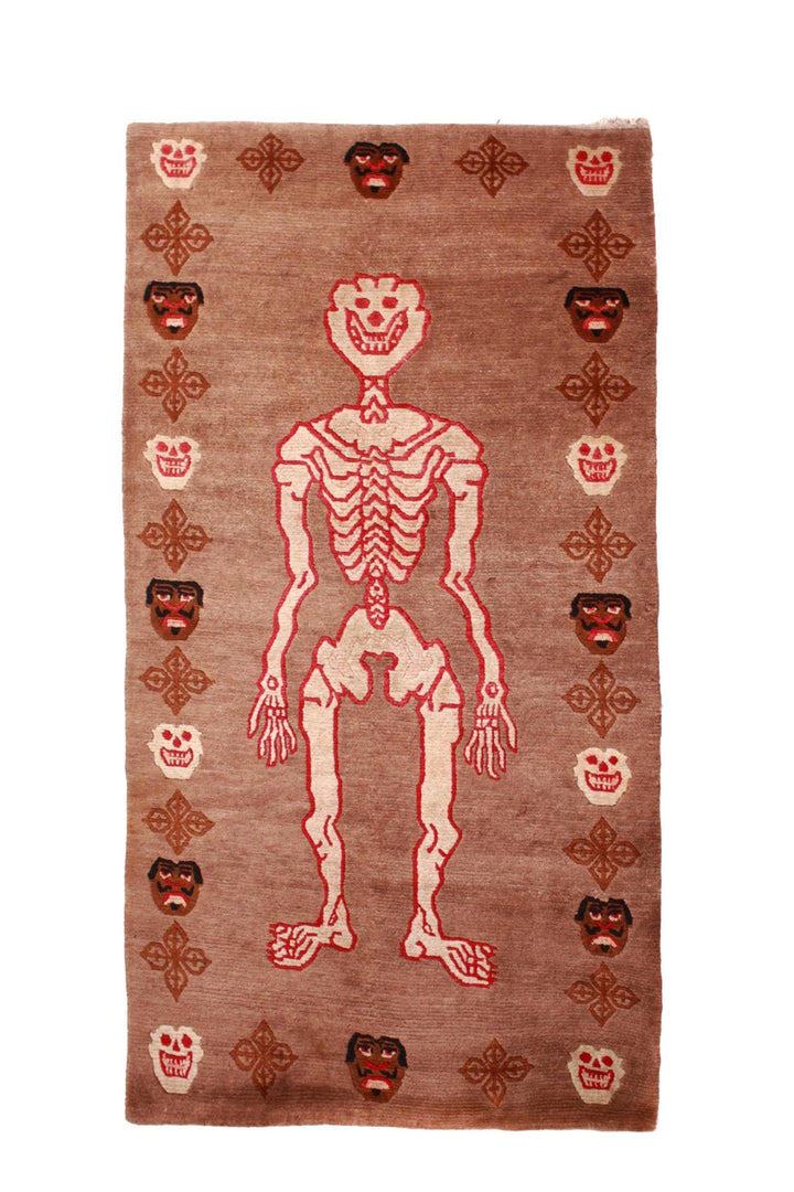 Hand-Knotted Tibetan Khaden Rug | Skeleton &amp; Mask Totems | Front View
