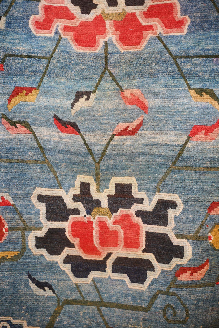 Hand-Knotted Tibetan Khaden Rug | Sky Blue Field Lotus Medallions | Detail View