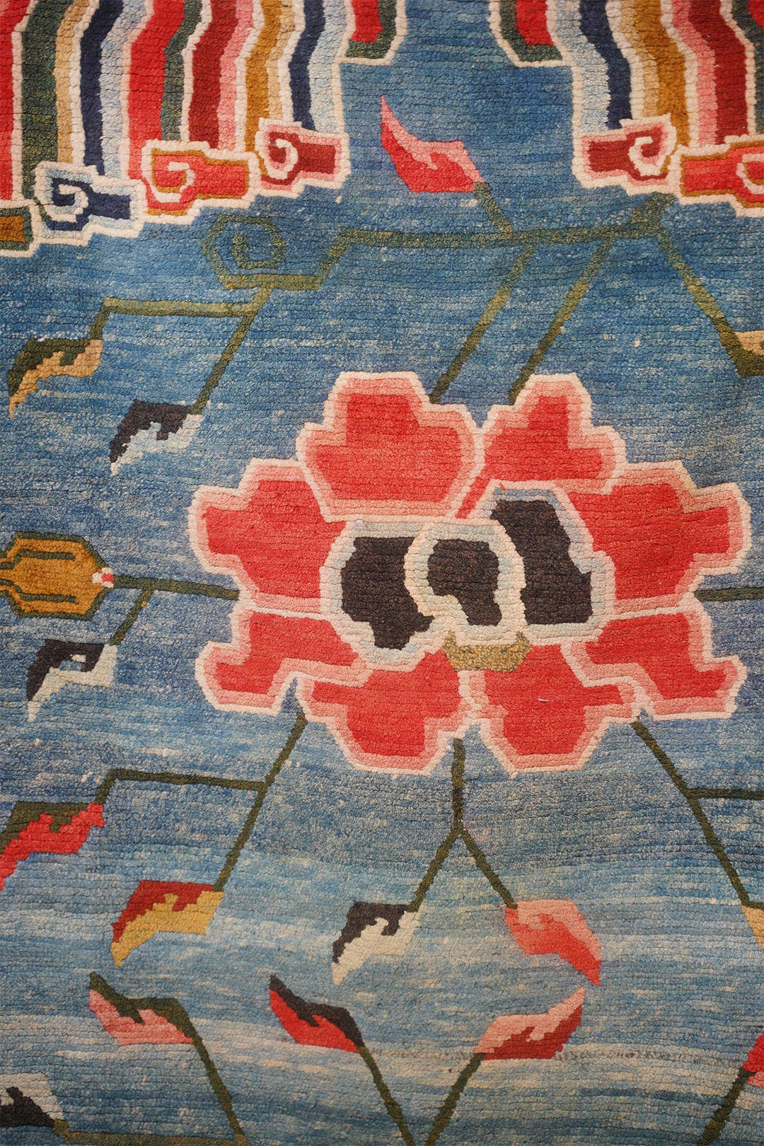 Hand-Knotted Tibetan Khaden Rug | Sky Blue Field Lotus Medallions | Detail View