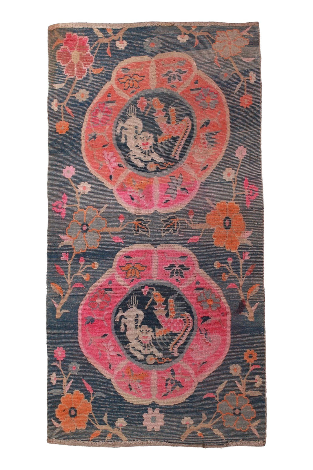 Hand-Knotted Tibetan Khaden Rug | Snow Lion Medallions | Back View