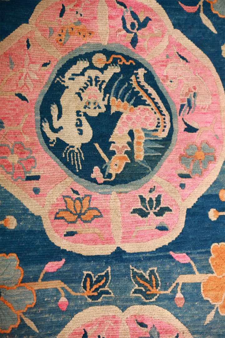 Hand-Knotted Tibetan Khaden Rug | Snow Lion Medallions | Detail View