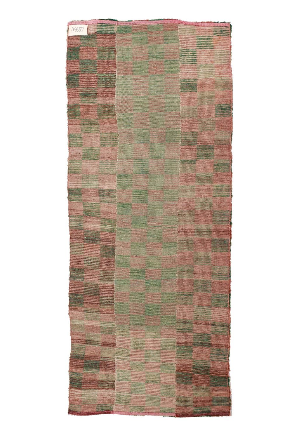 Hand-Knotted Tibetan Khaden Rug | Soft Blush & Sage Checker Field with Panel Construction | Back View