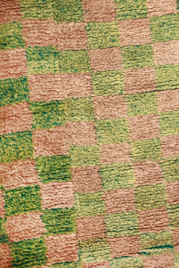 Hand-Knotted Tibetan Khaden Rug | Soft Blush &amp; Sage Checker Field with Panel Construction | Detail View