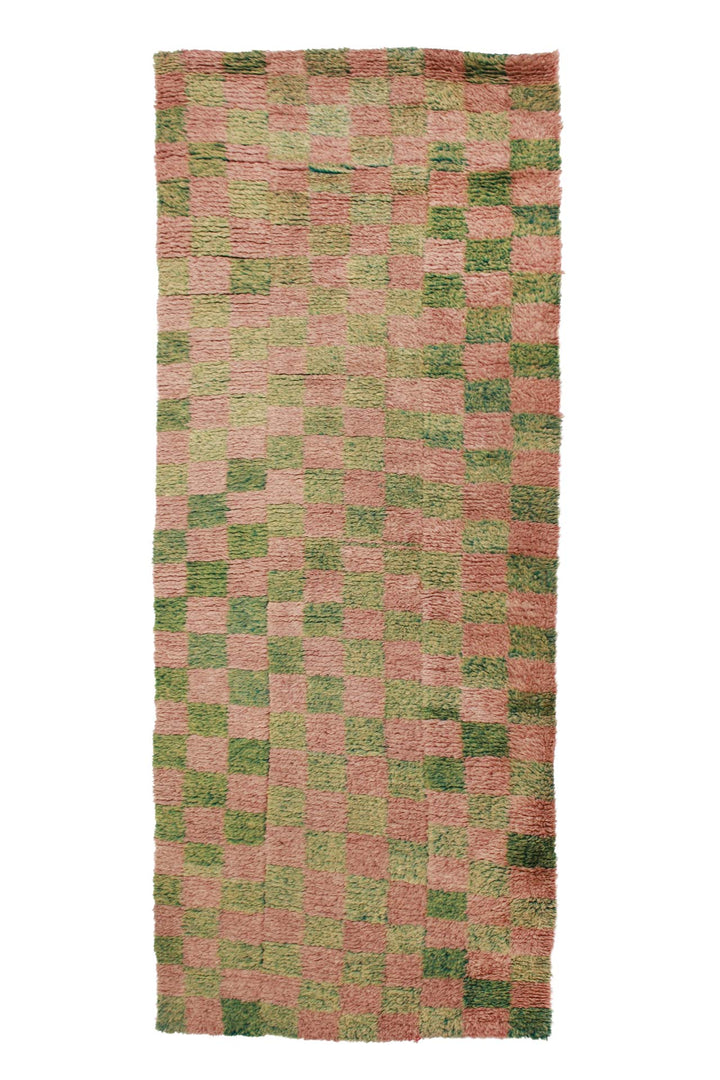 Hand-Knotted Tibetan Khaden Rug | Soft Blush &amp; Sage Checker Field with Panel Construction | Front View