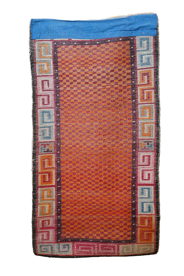 Hand-Knotted Tibetan Khaden Rug | Tangerine Checkerboard Greek Key | Back View