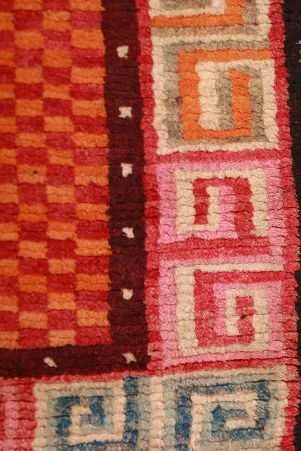 Hand-Knotted Tibetan Khaden Rug | Tangerine Checkerboard Greek Key | Detail View