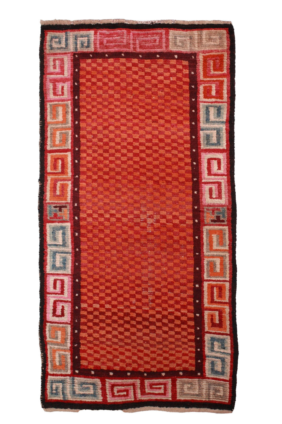 Hand-Knotted Tibetan Khaden Rug | Tangerine Checkerboard Greek Key | Front View