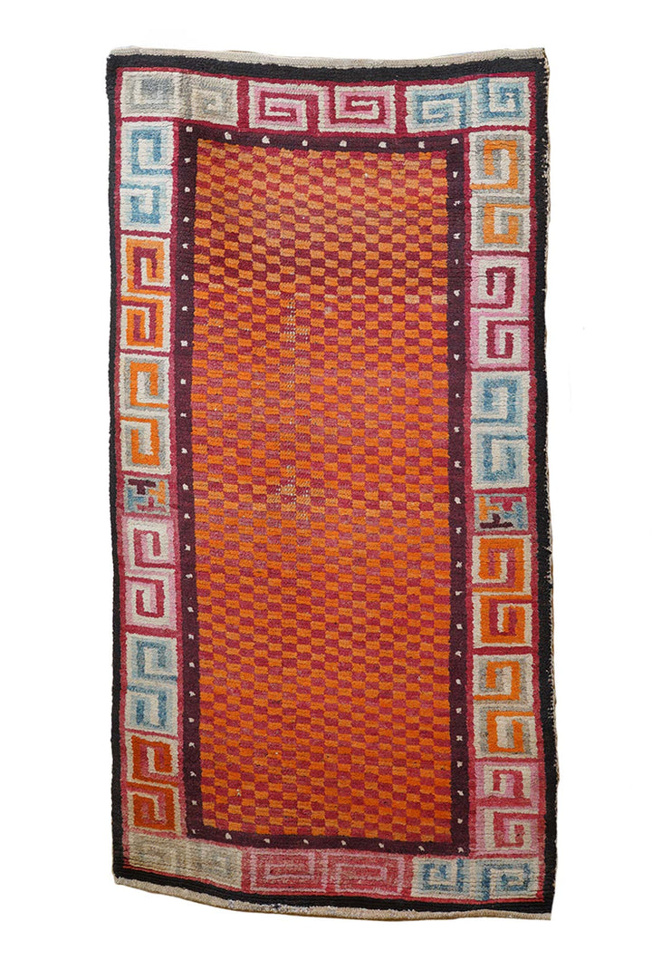 Hand-Knotted Tibetan Khaden Rug | Tangerine Checkerboard Greek Key | Front View