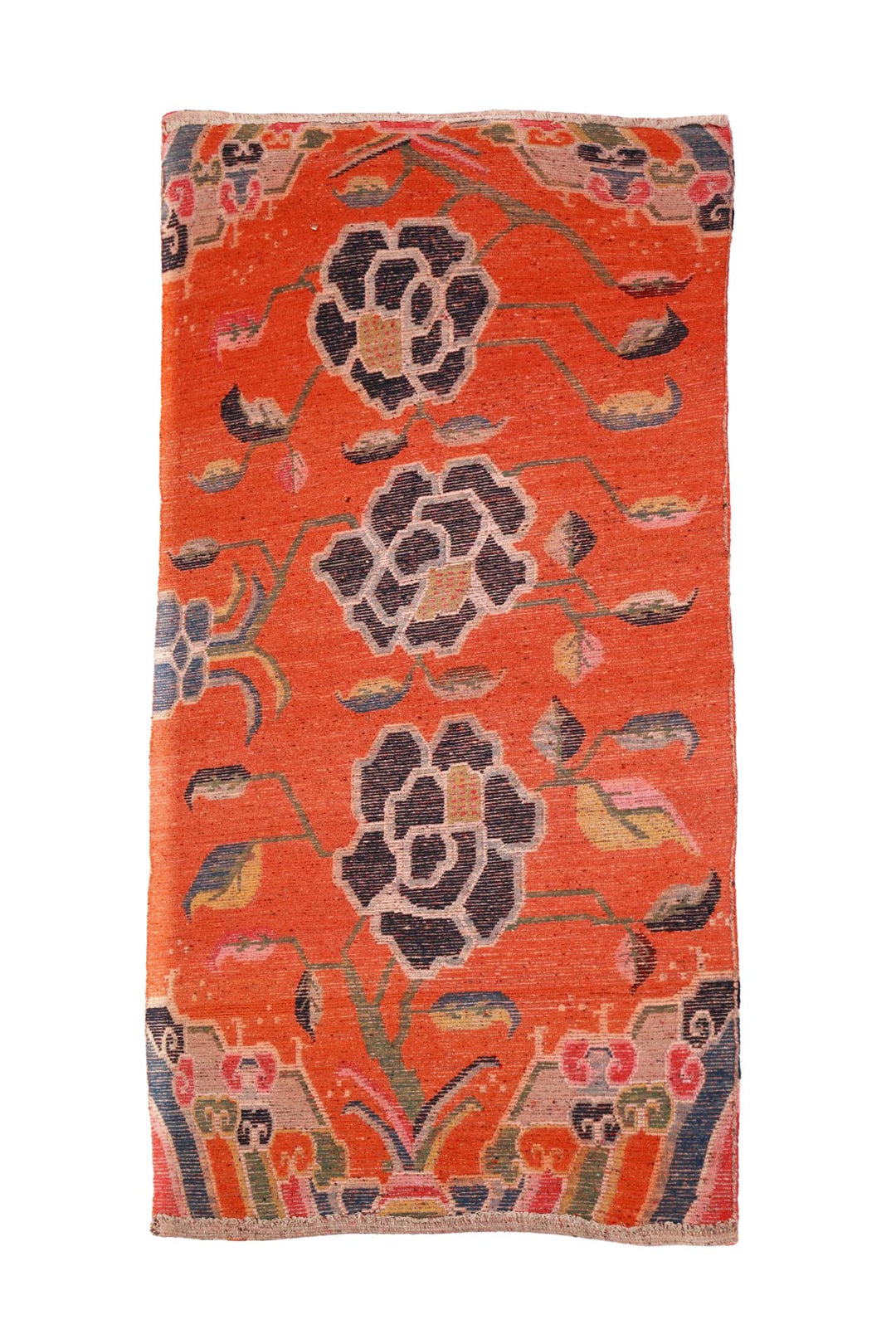 Hand-Knotted Tibetan Khaden Rug | Tangerine Peony Vines | Back View