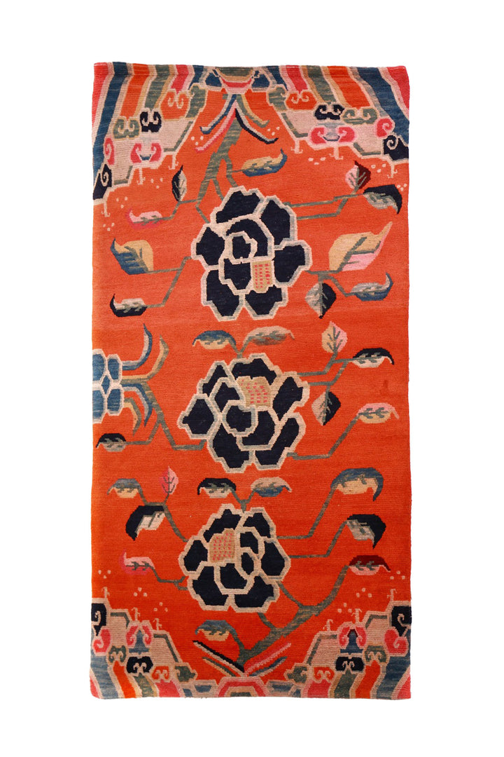 Hand-Knotted Tibetan Khaden Rug | Tangerine Peony Vines | Front View
