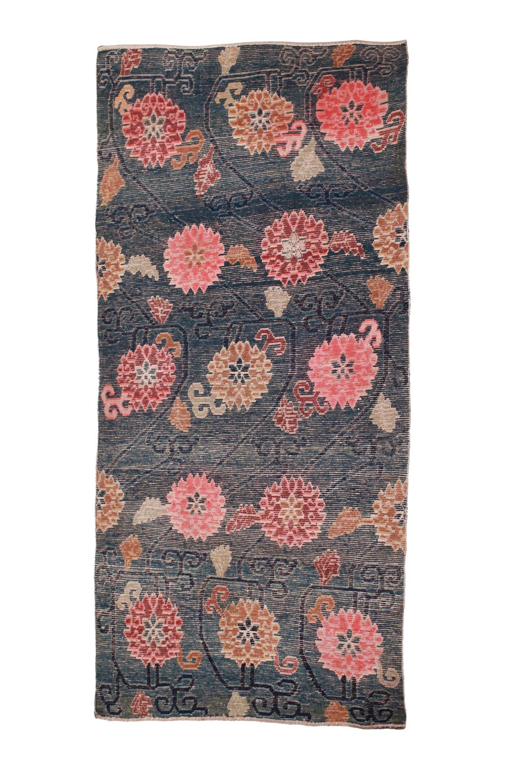 Hand-Knotted Tibetan Khaden Rug | Teal Ground Floral Trellis | Back View