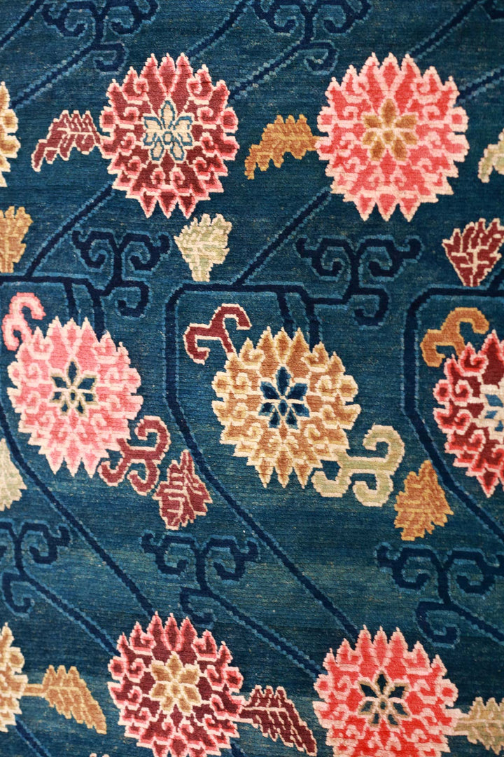 Hand-Knotted Tibetan Khaden Rug | Teal Ground Floral Trellis | Detail View