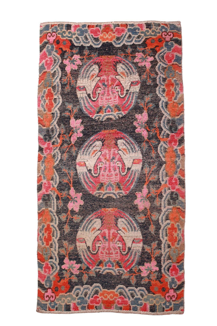 Hand-Knotted Tibetan Khaden Rug | Three Crane Medallion Cloud Border | Back View