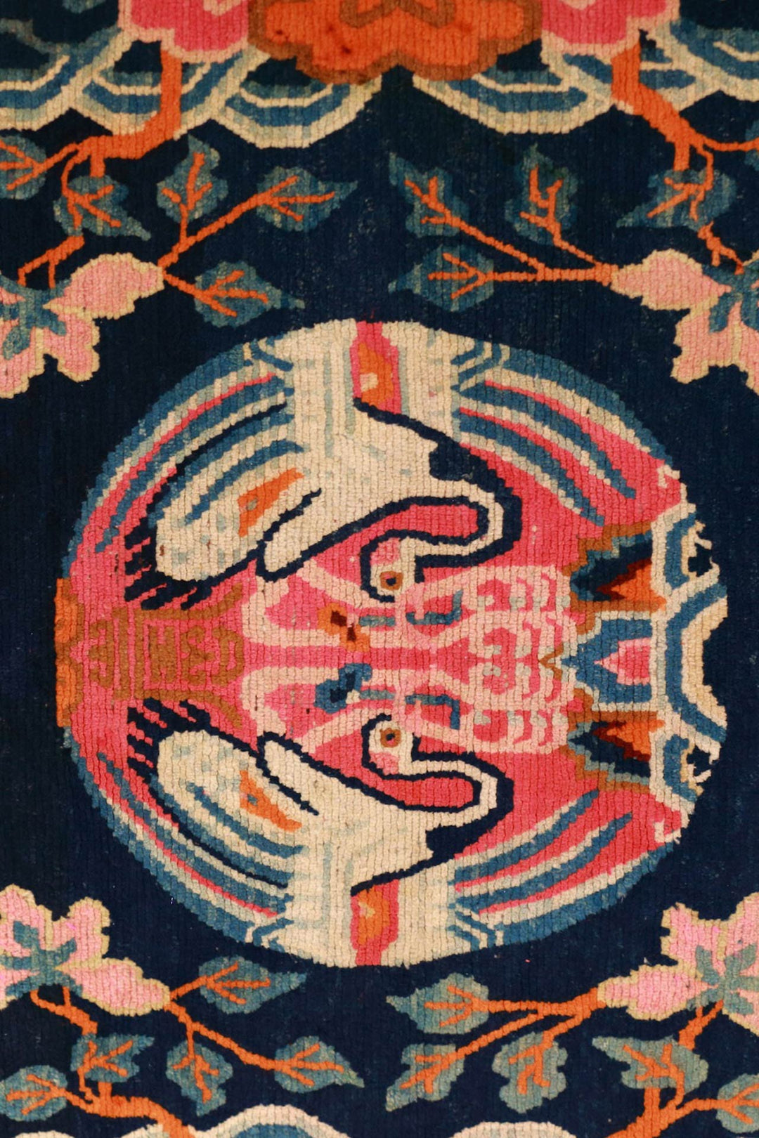 Hand-Knotted Tibetan Khaden Rug | Three Crane Medallion Cloud Border | Detail View