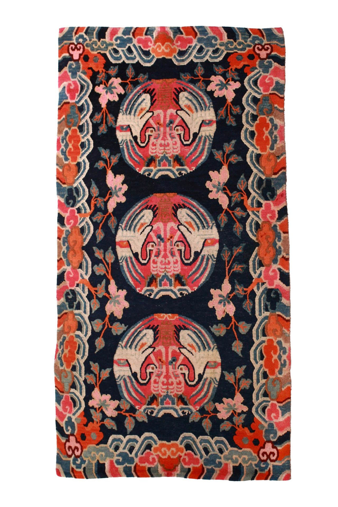 Hand-Knotted Tibetan Khaden Rug | Three Crane Medallion Cloud Border | Front View