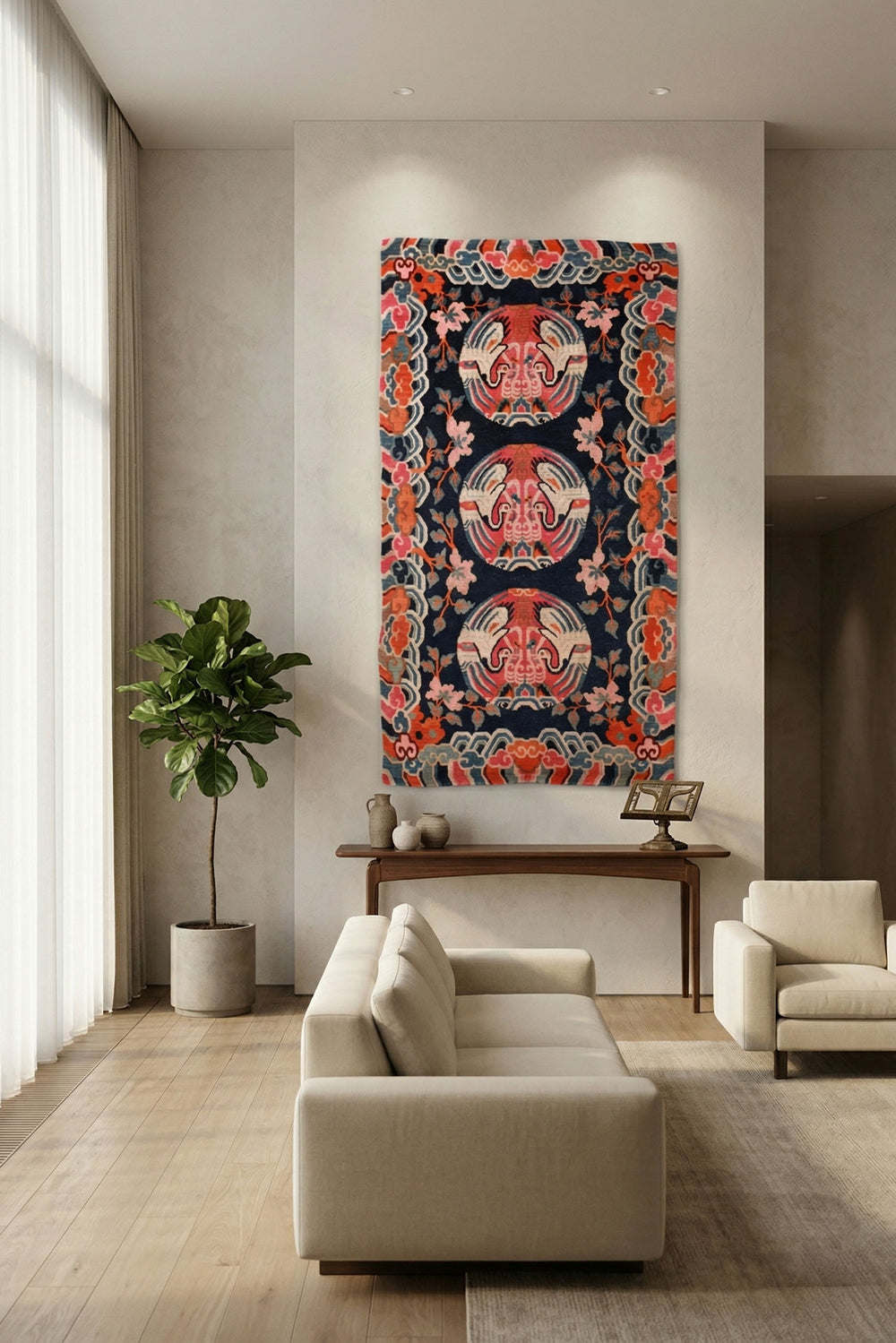 Hand-Knotted Tibetan Khaden Rug | Three Crane Medallion Cloud Border | Product Visual