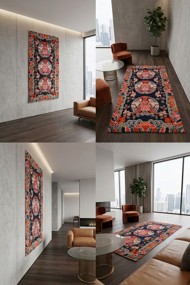 Hand-Knotted Tibetan Khaden Rug | Three Crane Medallion Cloud Border | Product Visual