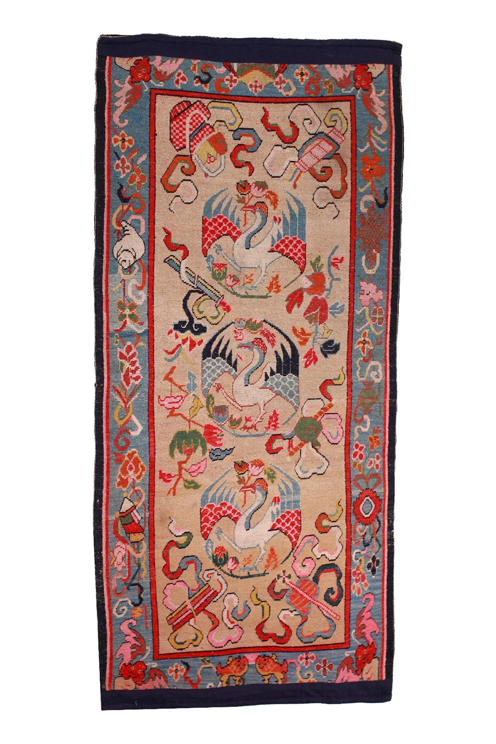 Hand-Knotted Tibetan Khaden Rug | Triple Crane Medallions | Back View