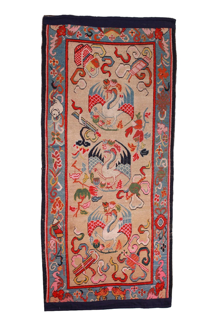 Hand-Knotted Tibetan Khaden Rug | Triple Crane Medallions | Back View