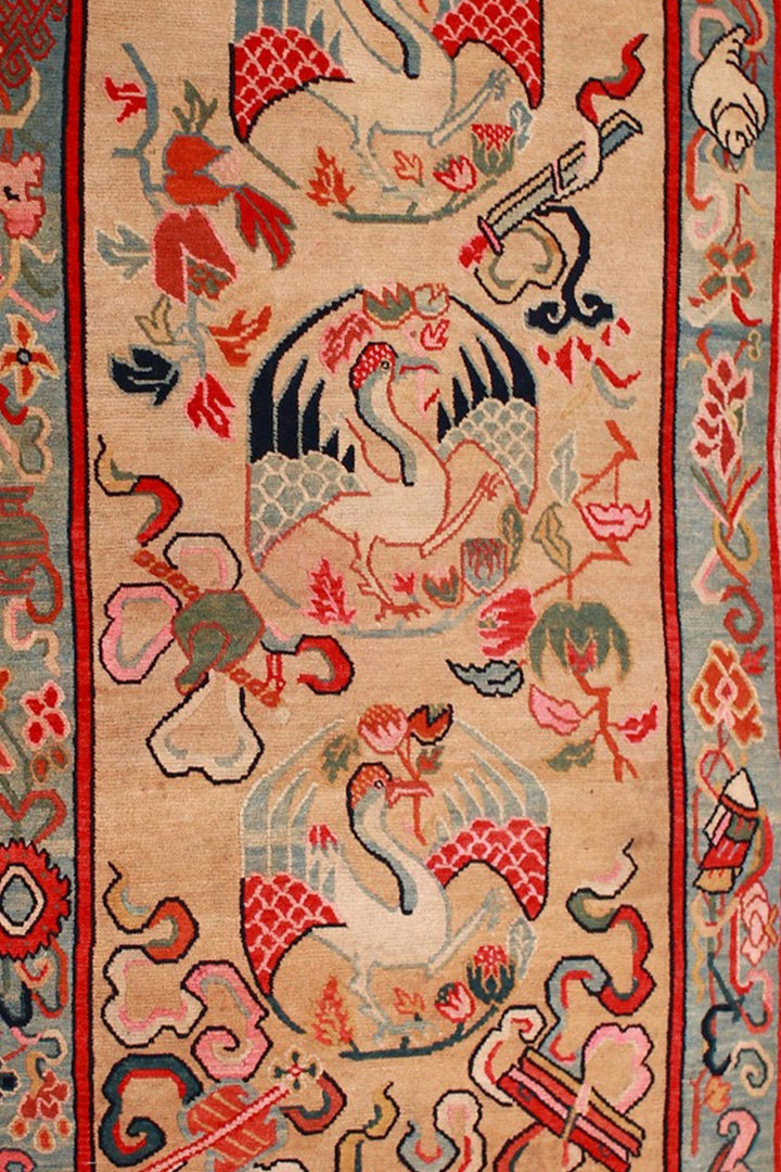 Hand-Knotted Tibetan Khaden Rug | Triple Crane Medallions | Detail View