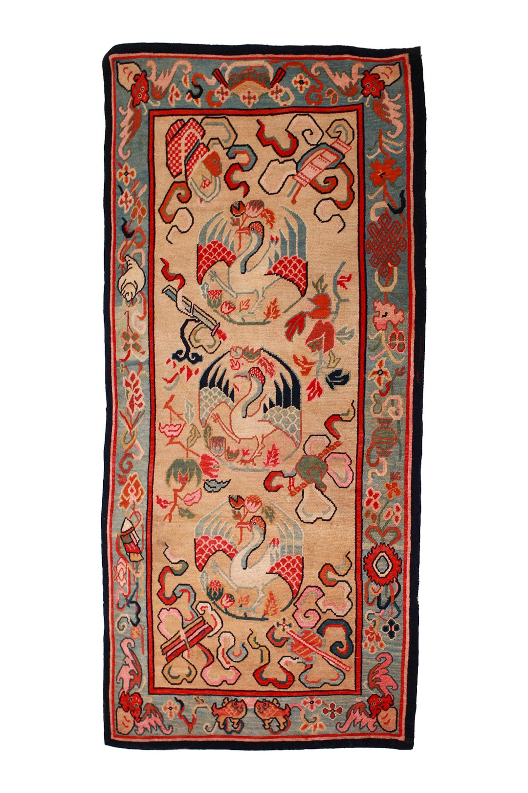 Hand-Knotted Tibetan Khaden Rug | Triple Crane Medallions | Front View 