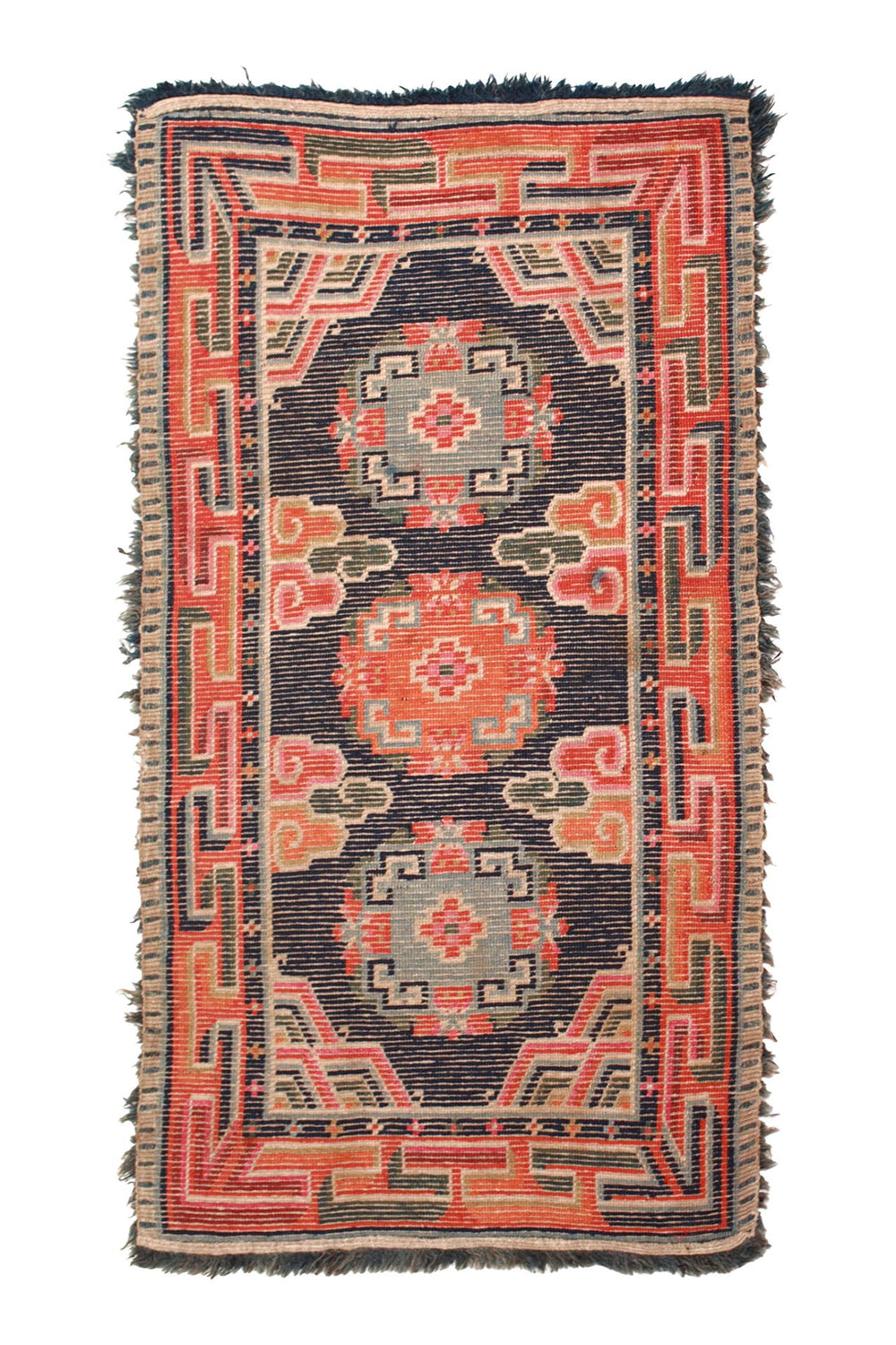 Hand-Knotted Tibetan Khaden Rug | Triple Medallion Key-Fret | Back View