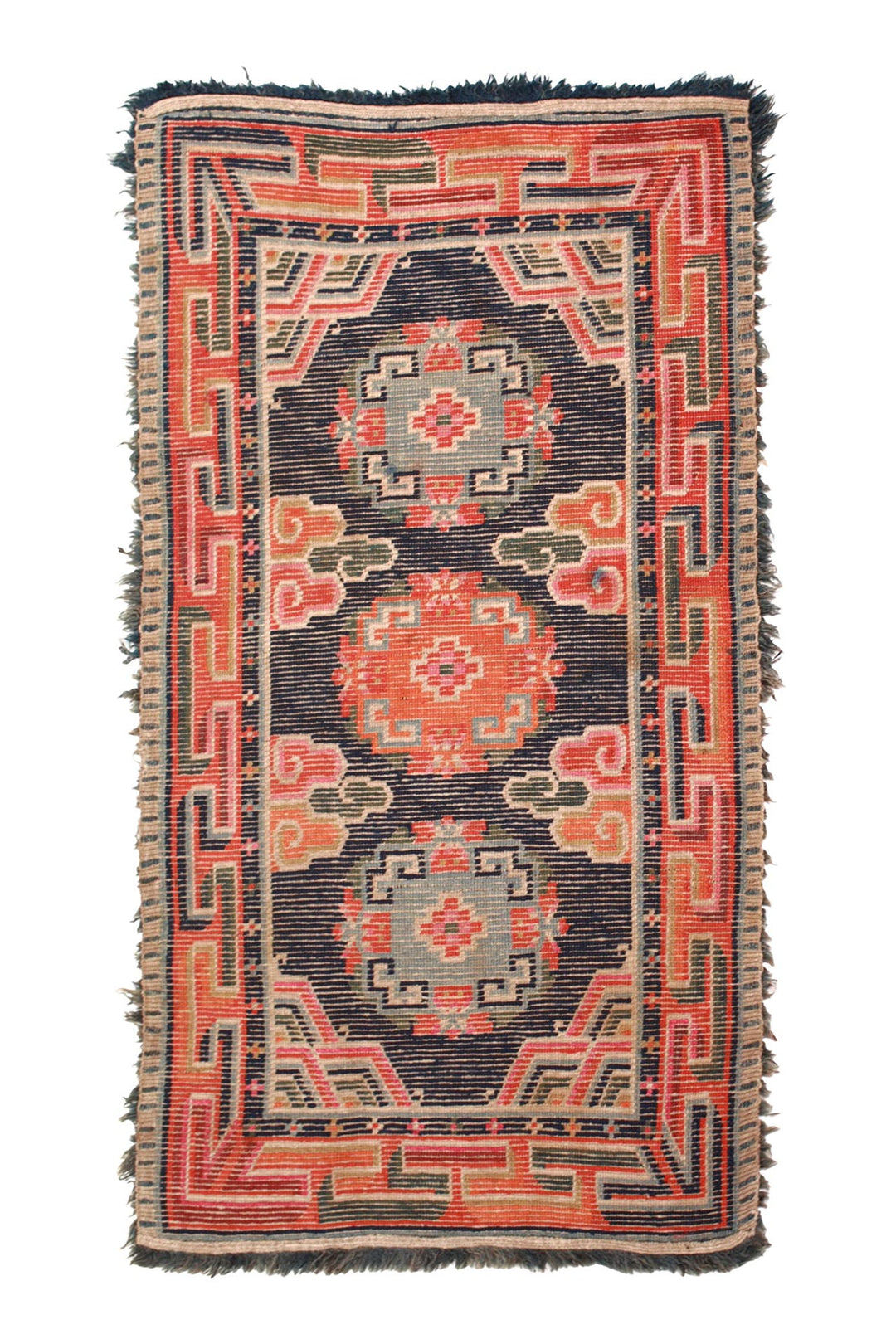 Hand-Knotted Tibetan Khaden Rug | Triple Medallion Key-Fret | Back View