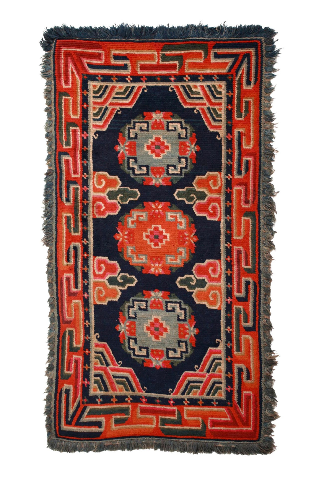 Hand-Knotted Tibetan Khaden Rug | Triple Medallion Key-Fret | Front View