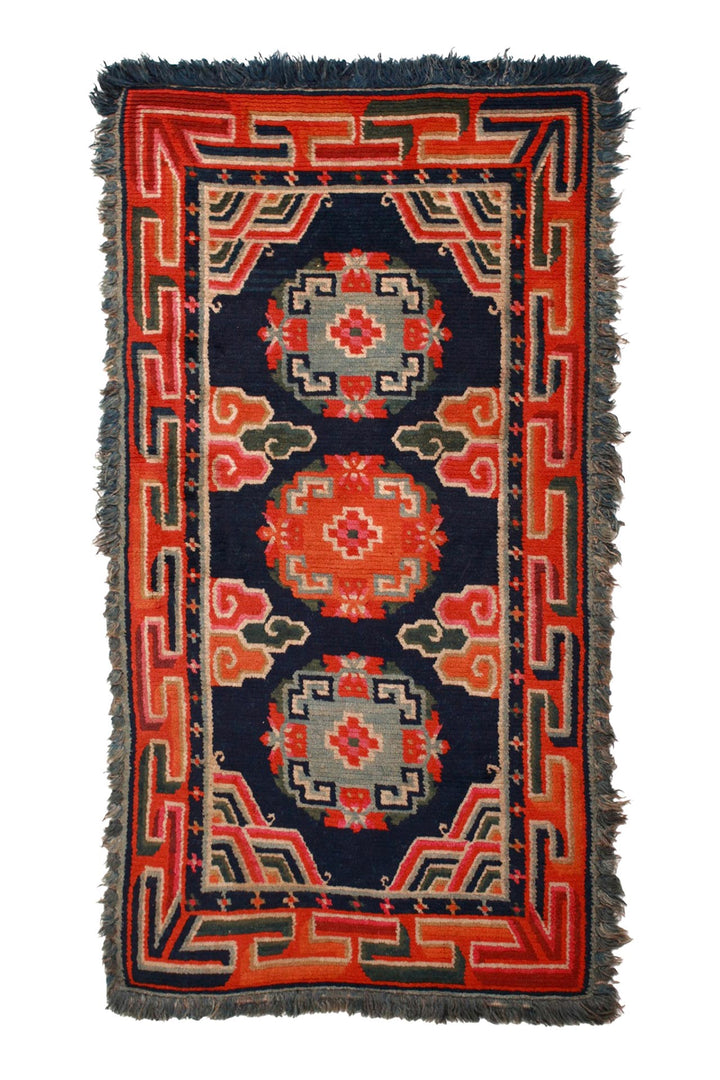 Hand-Knotted Tibetan Khaden Rug | Triple Medallion Key-Fret | Front View