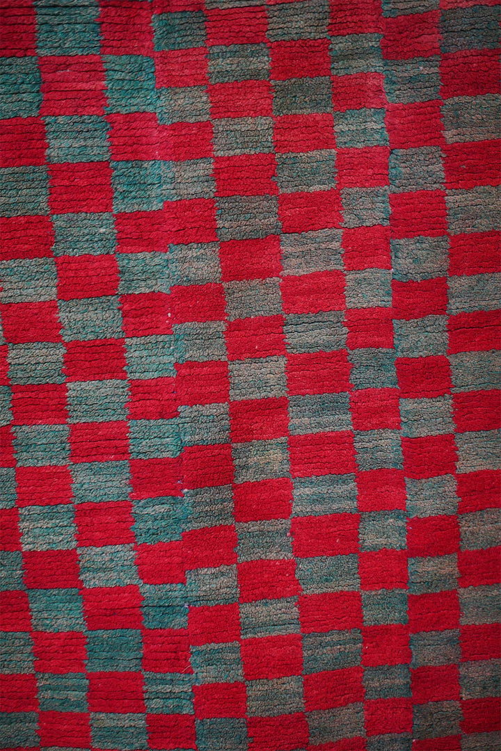 Hand-Knotted Tibetan Khaden Rug | Tsutruk Red Green Check | Detail View