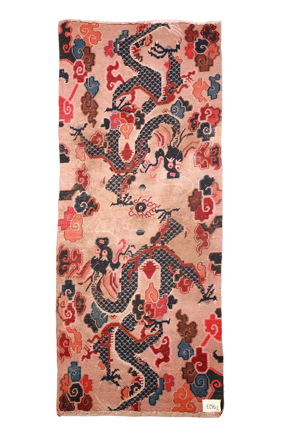 Hand-Knotted Tibetan Khaden Rug | Twin Dragon Cloud Field | Back View
