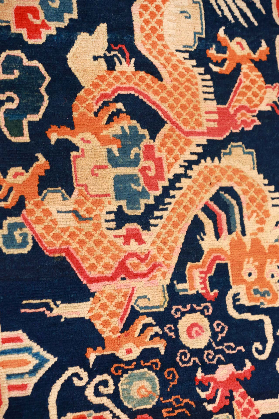 Hand-Knotted Tibetan Khaden Rug | Twin Dragon Motif with Cloud Collar Border | Detail View