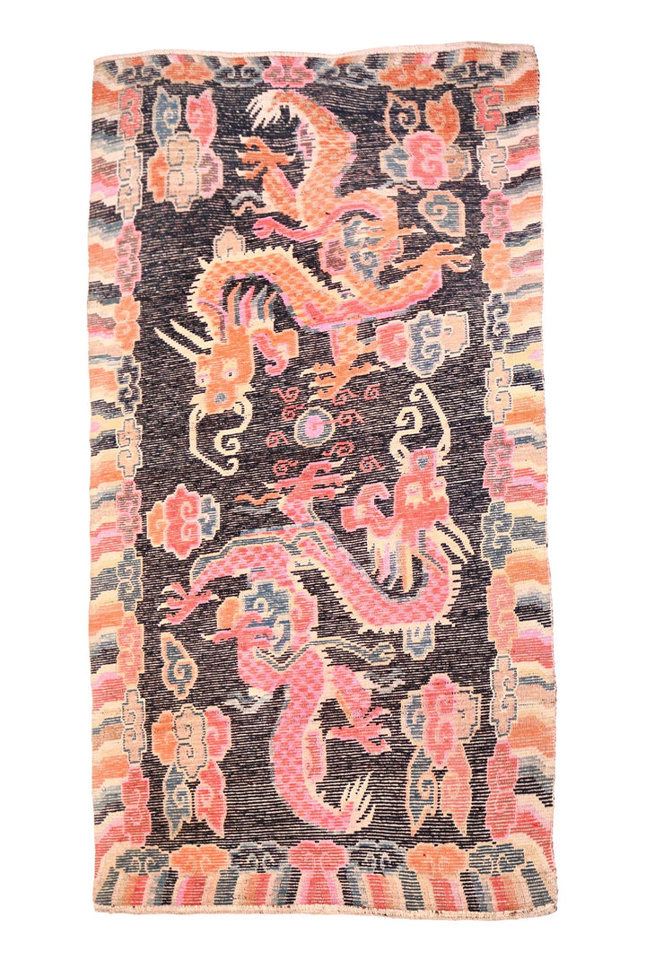 Hand-Knotted Tibetan Khaden Rug | Twin Dragons &amp; Clouds | Back View