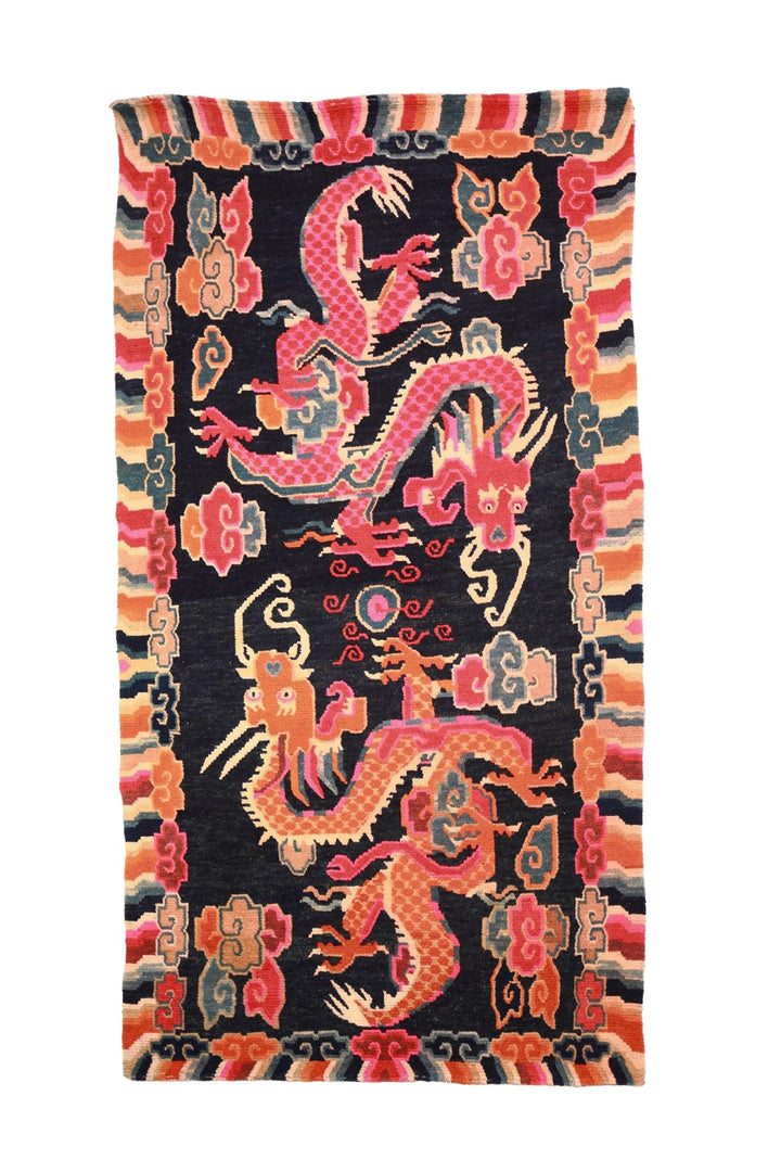 Hand-Knotted Tibetan Khaden Rug | Twin Dragons &amp; Clouds | Front View
