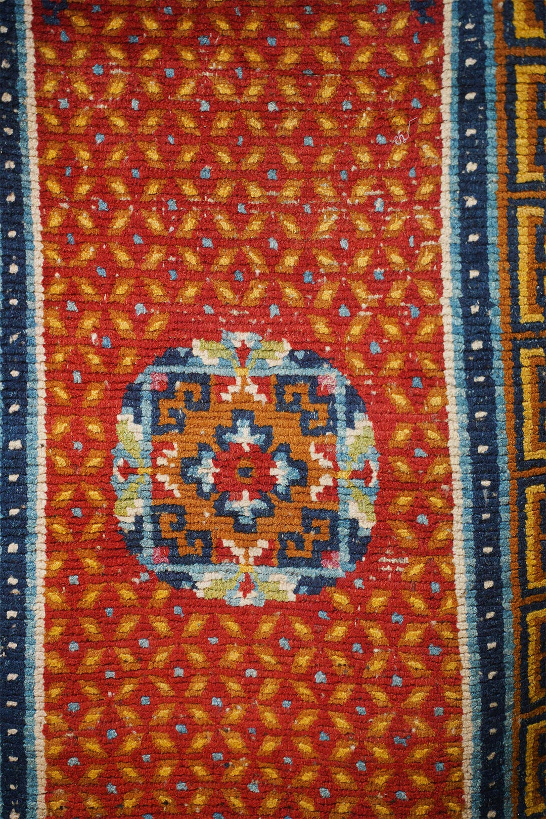 Hand-Knotted Tibetan Khaden Rug | Vermilion Seed Pearl Medallion | Detail View