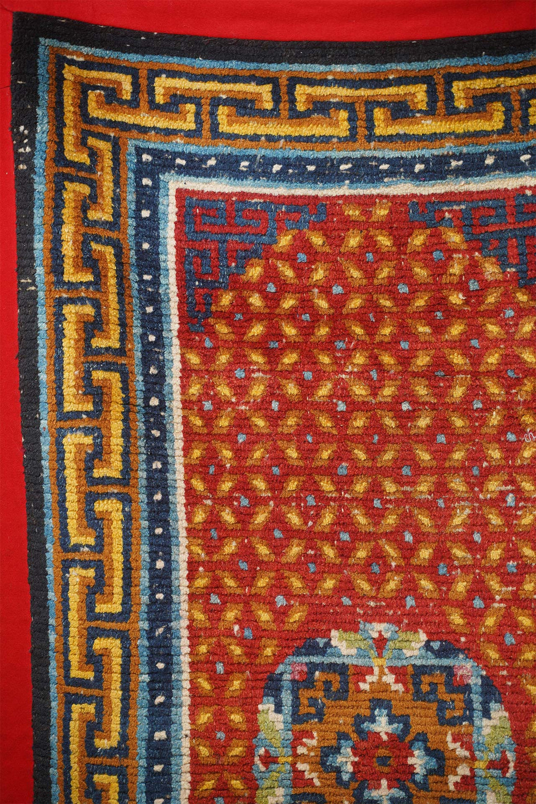 Hand-Knotted Tibetan Khaden Rug | Vermilion Seed Pearl Medallion | Detail View