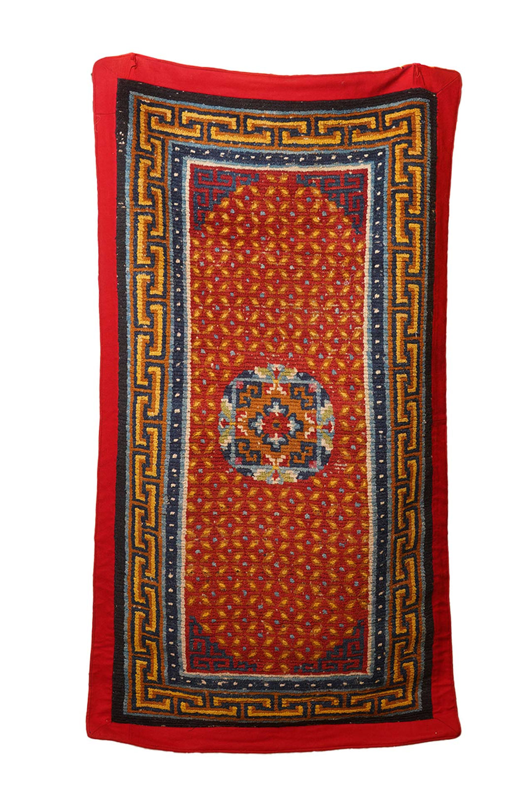 Hand-Knotted Tibetan Khaden Rug | Vermilion Seed Pearl Medallion | Front View