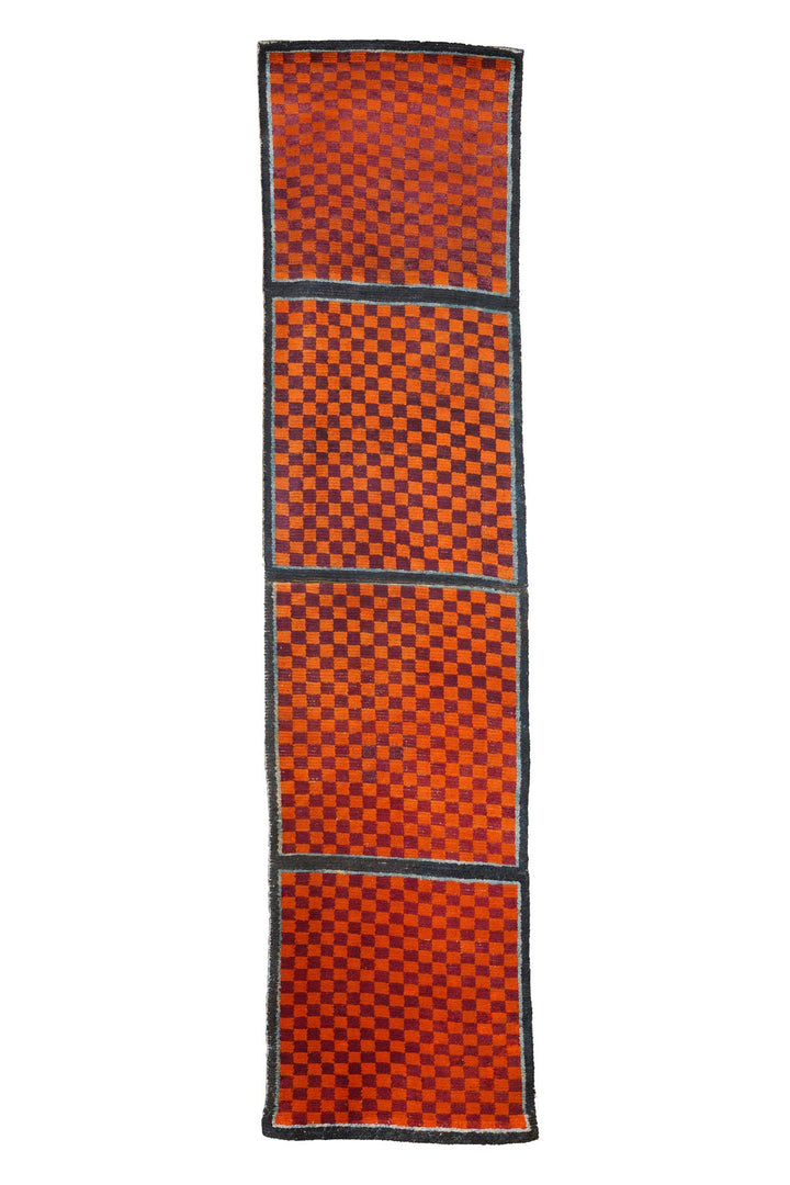 Hand-Knotted Tibetan Runner | Checkerboard Panel Field | Front View