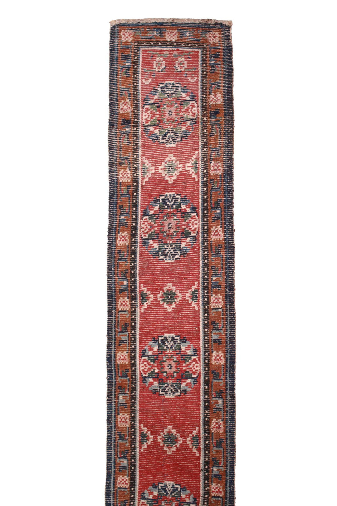 Hand-Knotted Tibetan Runner | Crimson Field Geometric Medallion Border | Back View