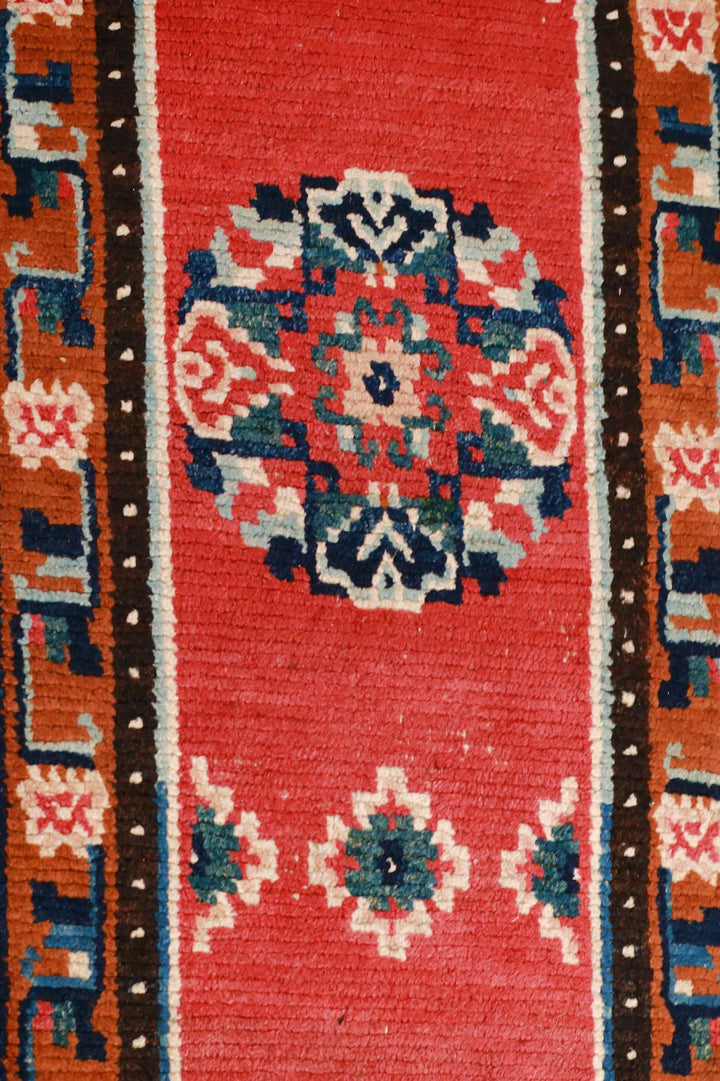 Hand-Knotted Tibetan Runner | Crimson Field Geometric Medallion Border | Detail View