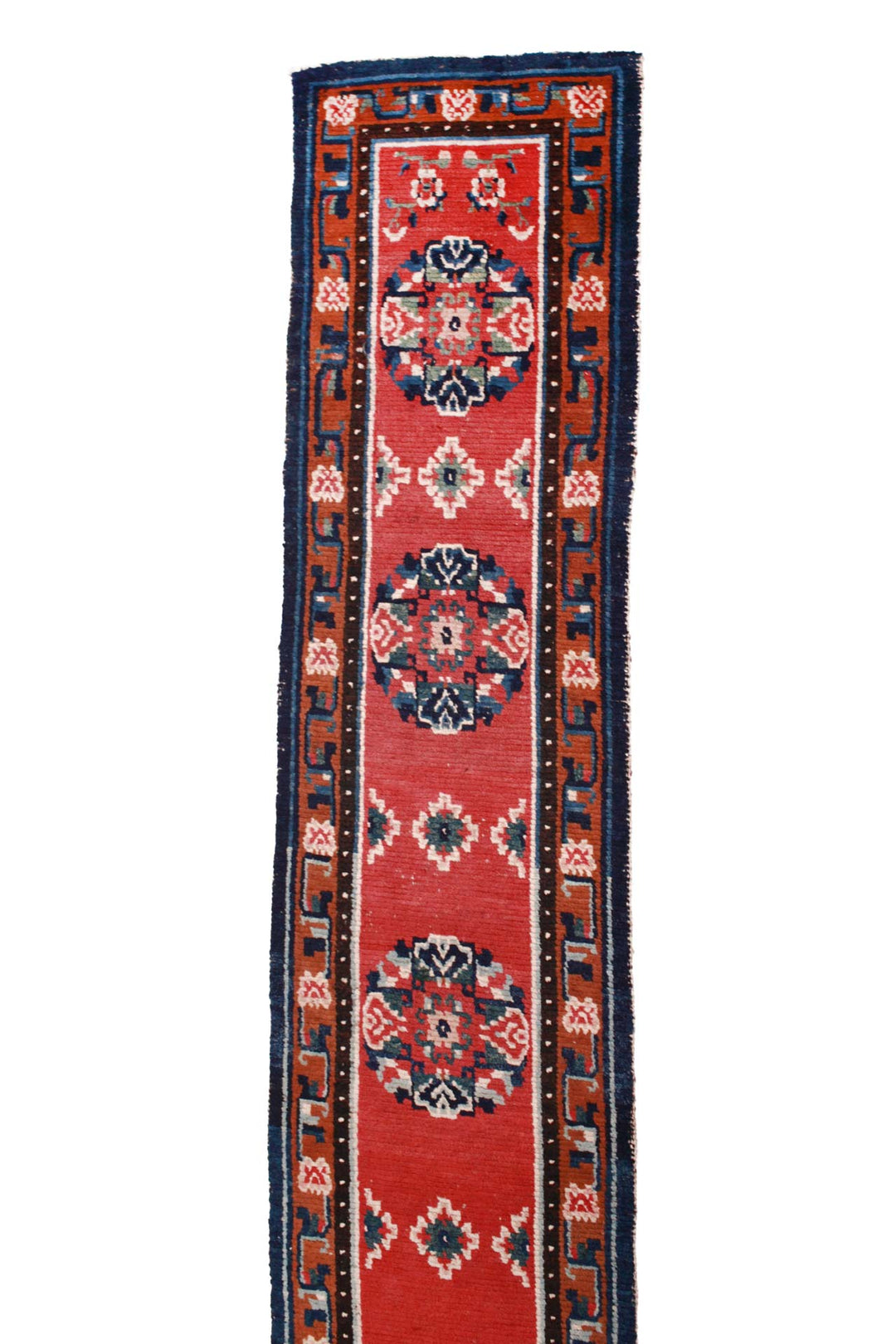 Hand-Knotted Tibetan Runner | Crimson Field Geometric Medallion Border | Front View