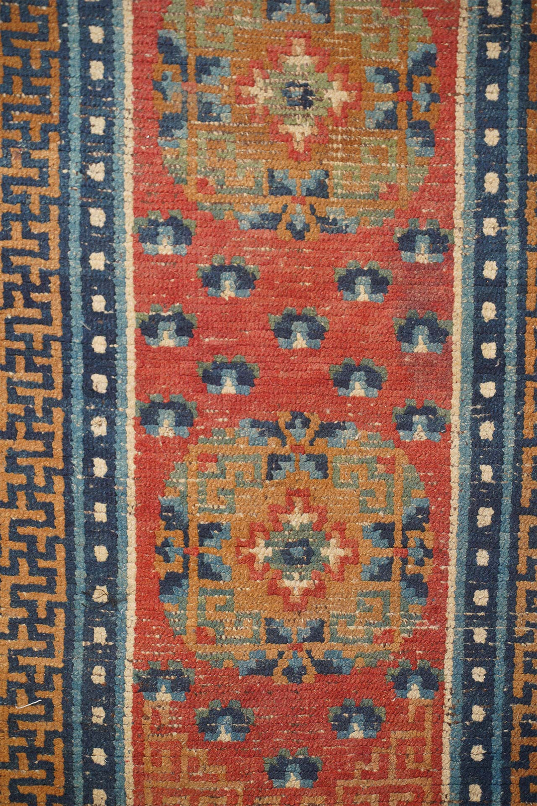Hand-Knotted Tibetan Runner | Medallion Axis with Rosette Field | Detail View