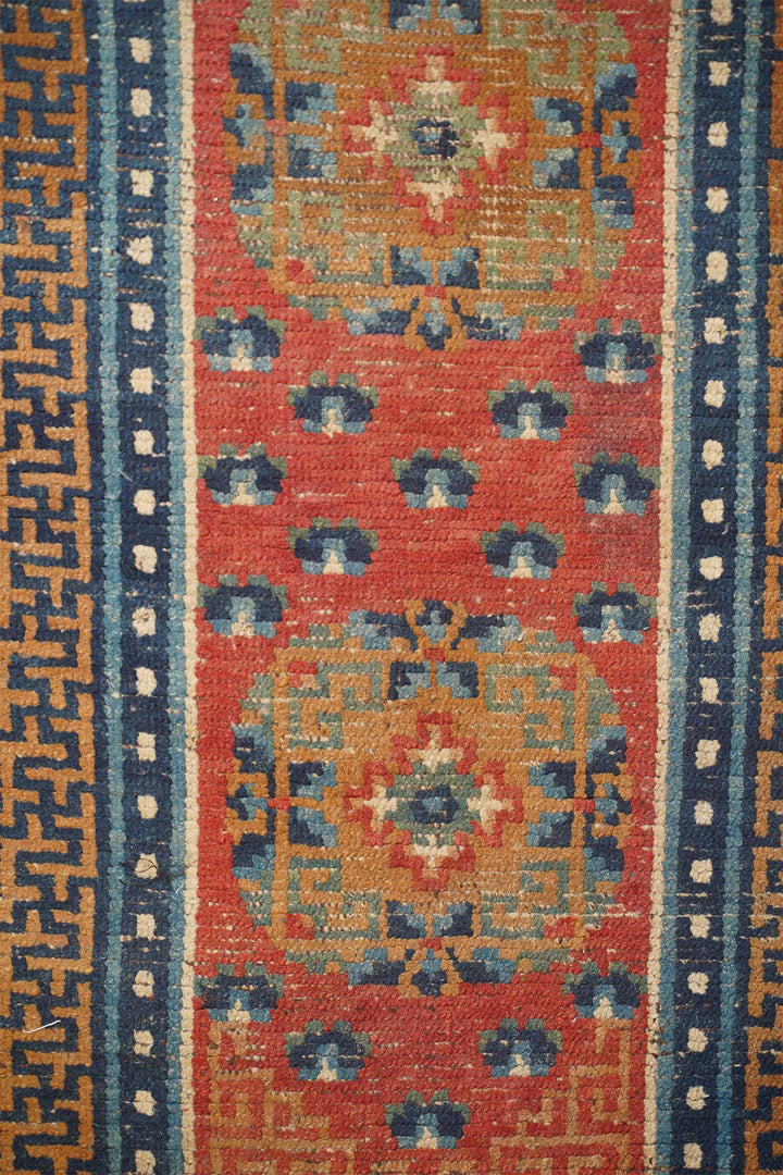 Hand-Knotted Tibetan Runner | Medallion Axis with Rosette Field | Detail View