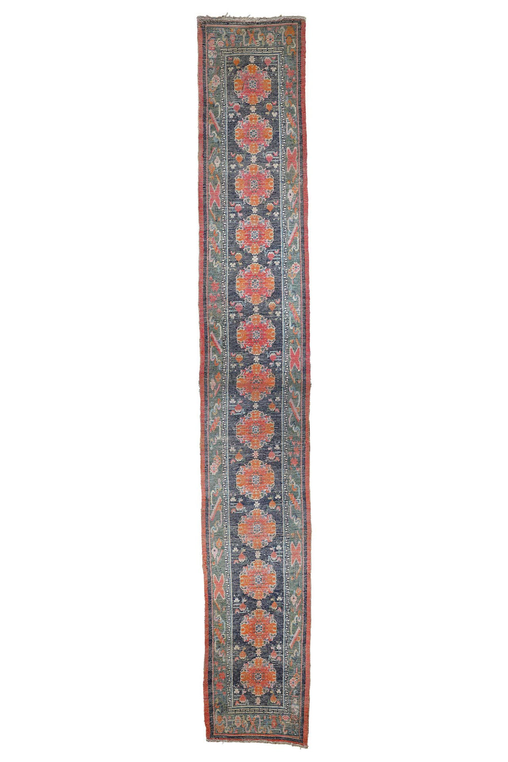 Hand-Knotted Tibetan Runner | Medallion Column with Monastic Border | Back View