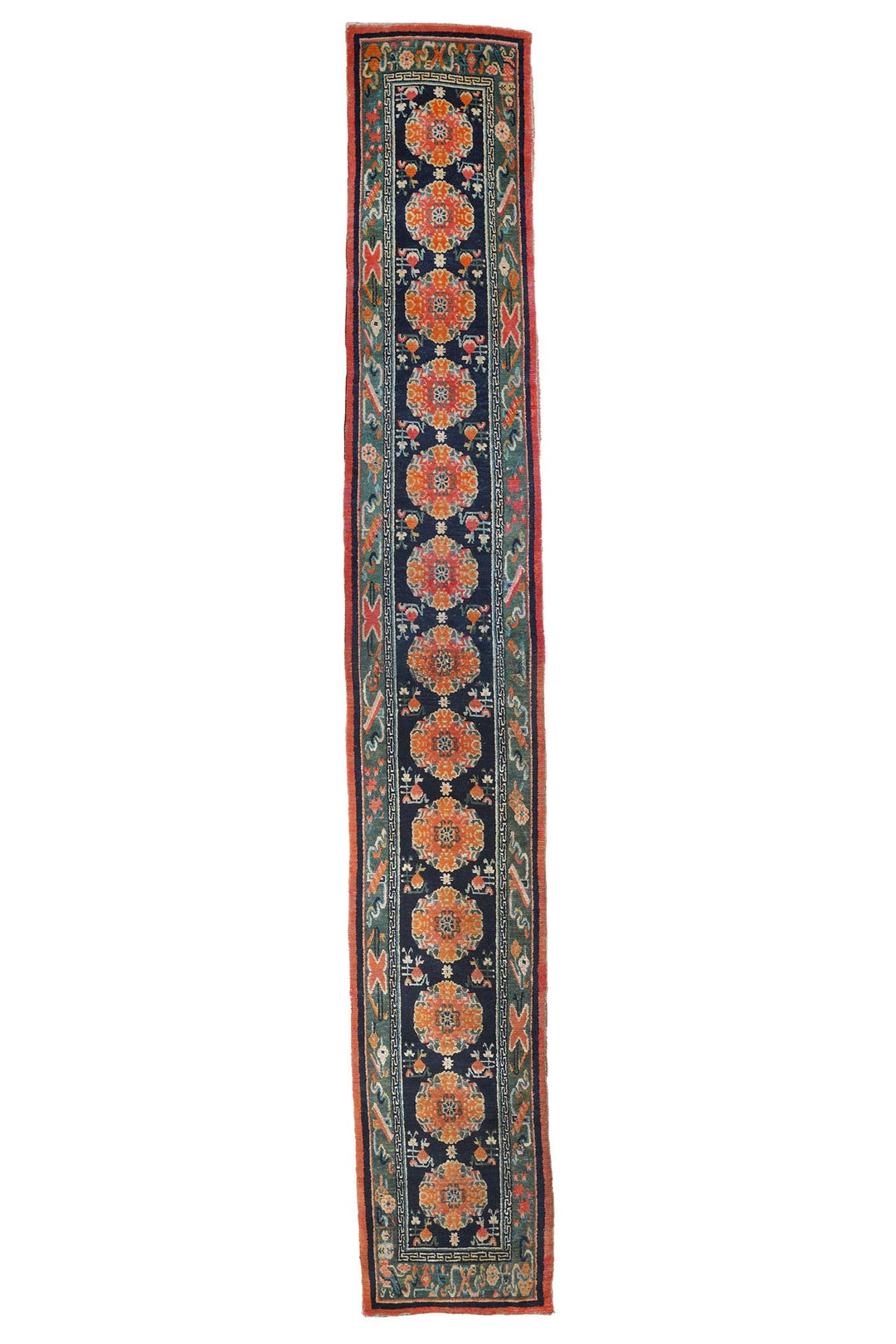 Hand-Knotted Tibetan Runner | Medallion Column with Monastic Border | Front View