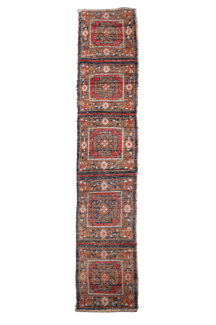 Hand-Knotted Tibetan Runner | Medallion Panel with Geometric Guard Borders | Front View | Back View